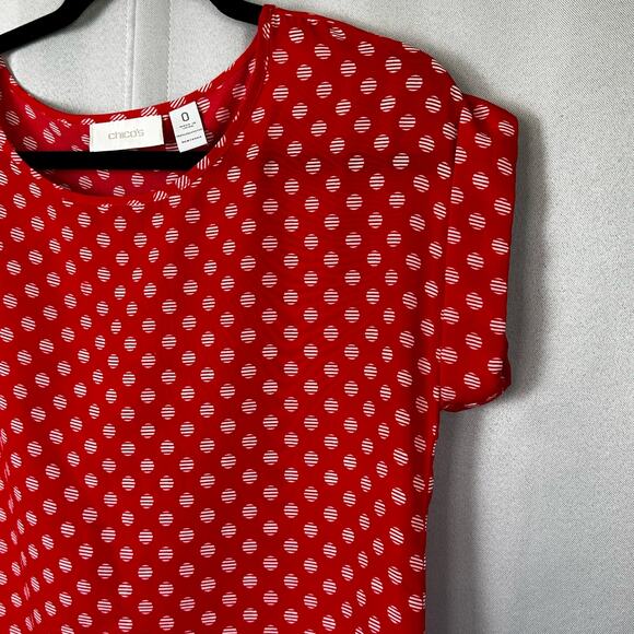 Women's Chico's Red & White Polka Dot Side Tie Cap Sleeve Blouse- Size 0- Small - Picture 2 of 5